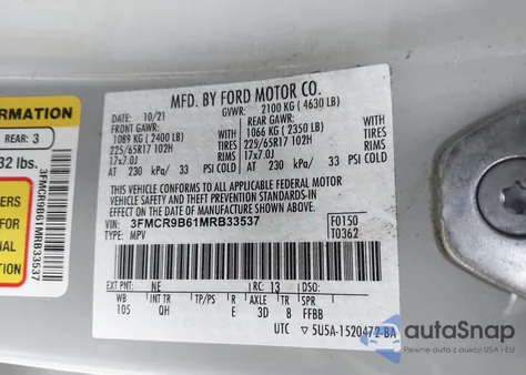 2021 Ford Bronco Sport Big Bend z USA, uszkodzony, nr VIN 3FMCR9B61MRB33537